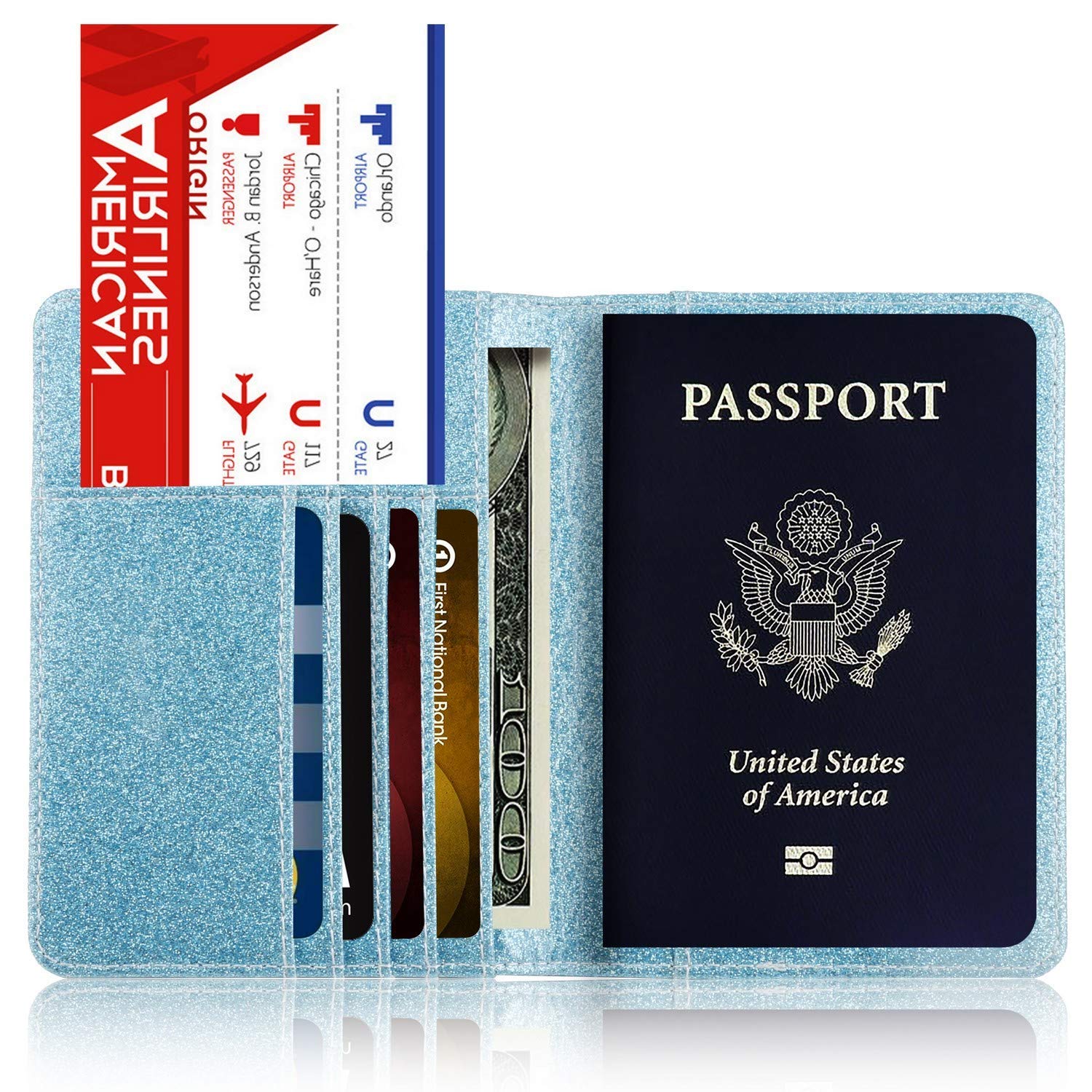 Leather Passport Holder Cover Leather Rfid Blocking Passport Wallet Case for Men Women, Sparkling Blue